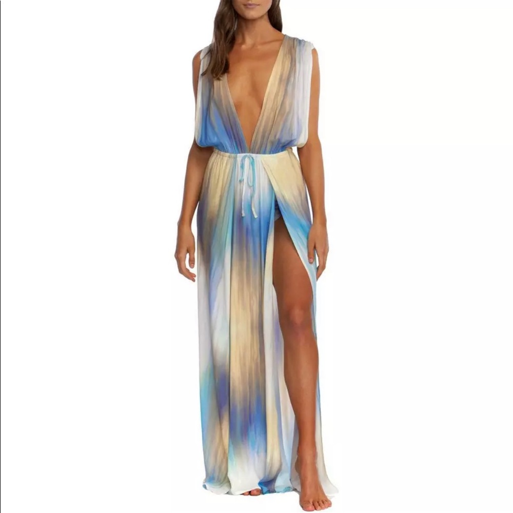 NWT- BCBG Max Azria It's A Wash V-Neck Caftan Swim Cover-Up Dress Blue